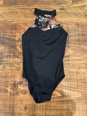 Women’s Black Halter One-Piece Leotard with Floral Mesh Yoke